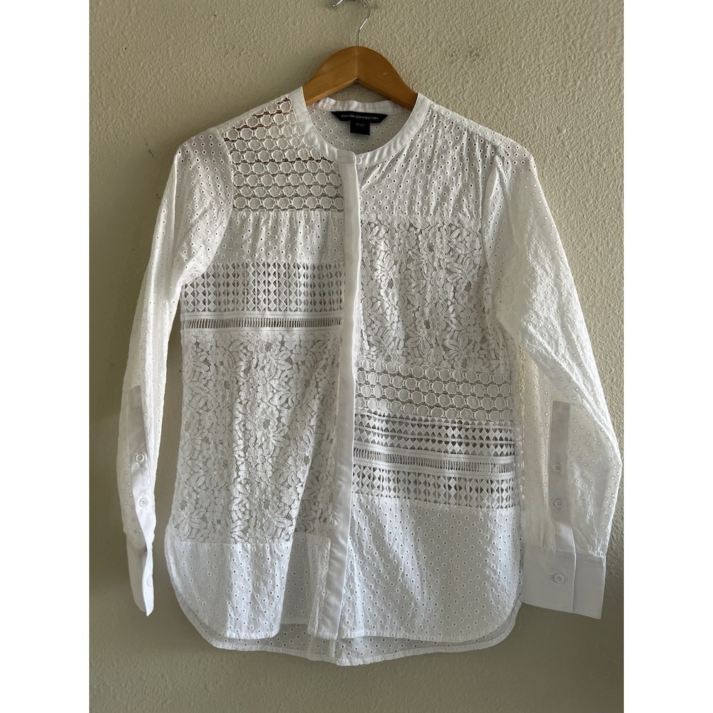 French Connection White Lace Eyelet Blouse Button Size 2 Boho Romantic Sheer